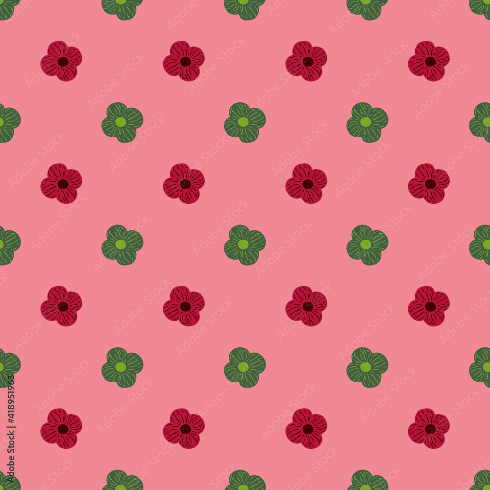 Red and green colored simple flower ornament seamless pattern. Pink background. Bright abstract design.
