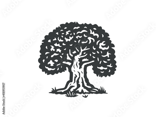 A mighty tree. Vector illustration. Monochrome version.