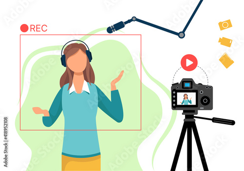 The video blogger records video from the camera. Microphone, camera, background, recording. Vector flat illustration.