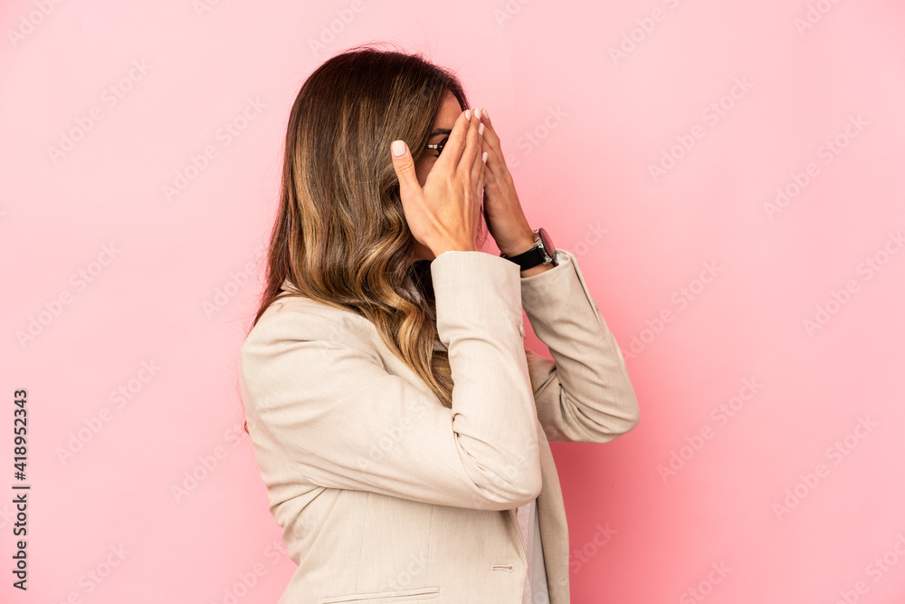 Young caucasian woman isolated afraid covering eyes with hands. Young caucasian woman isolated afraid covering eyes with hands.