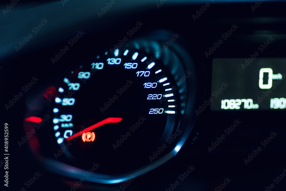 Modern car panel, digital bright speedometer, odometer.
