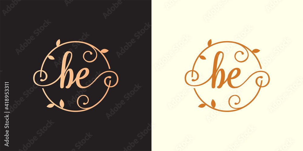 Decorative, luxury Letter BE initial, Classy Monogram logo inside a circular stalk, stem, nest, root with leaves elements. Letter BE flower bouquet wedding logo