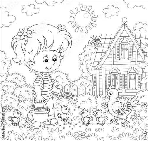 Little girl farmer standing with a bucket of feed grain and feeding a merry brood of small chicks and a cute hen on a chicken farm on a sunny summer day, black and white vector cartoon illustration