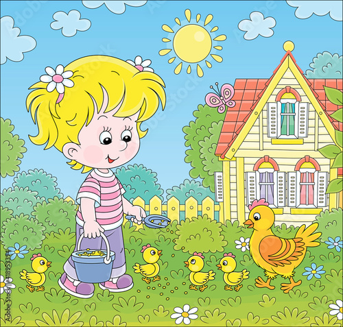 Little girl farmer standing with a bucket of feed grain and feeding a merry brood of small yellow chicks and a cute hen on a chicken farm on a sunny summer day, vector cartoon illustration