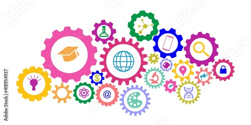 Business and education icons in gear. Mechanism work gears vectors 