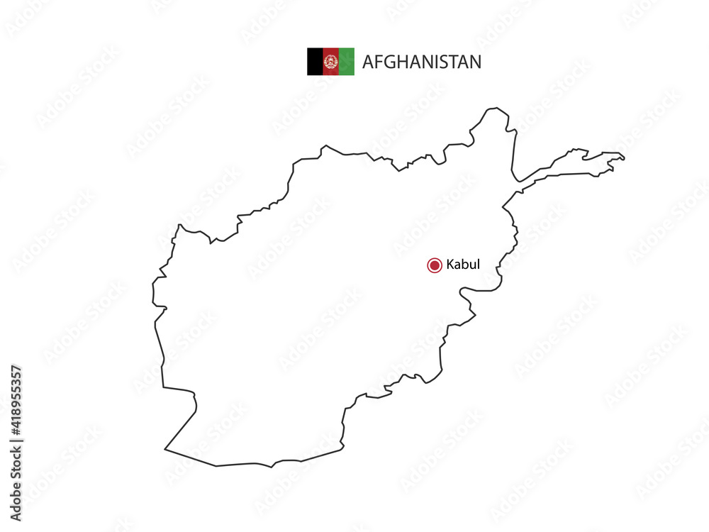 Hand draw thin black line vector of Afghanistan Map with capital city Kabul on white background.
