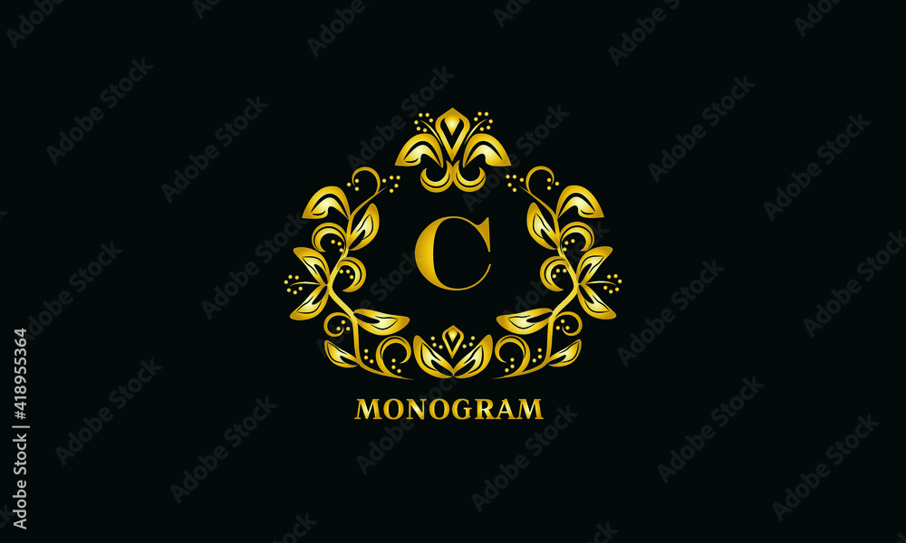 Stylish design for invitations, menus, labels. Elegant gold monogram on a black background with the letter C. The logo is identical for a restaurant, hotel, heraldry, jewelry. Stylish design for invitations, menus, labels. Elegant gold monogram on a black background with the letter C. The logo is identical for a restaurant, hotel, heraldry, jewelry.