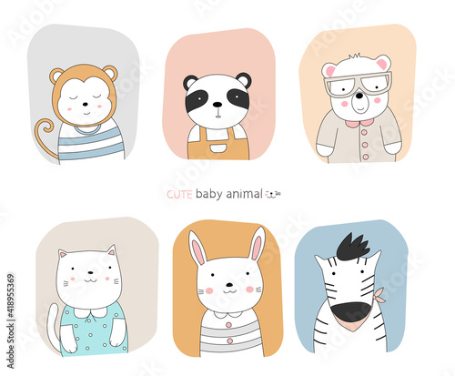Cartoon sketch the cute posture baby animal with frame color background. Hand-drawn style.