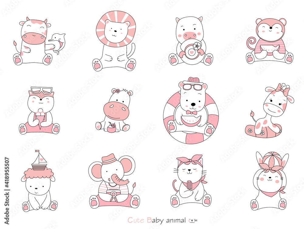 Set cartoon character the lovely baby animals on white background. Hand-drawn style.