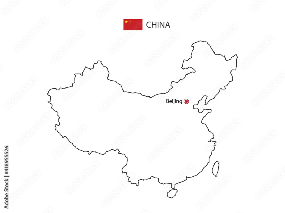 Hand draw thin black line vector of China Map with capital city Beijing on white background.