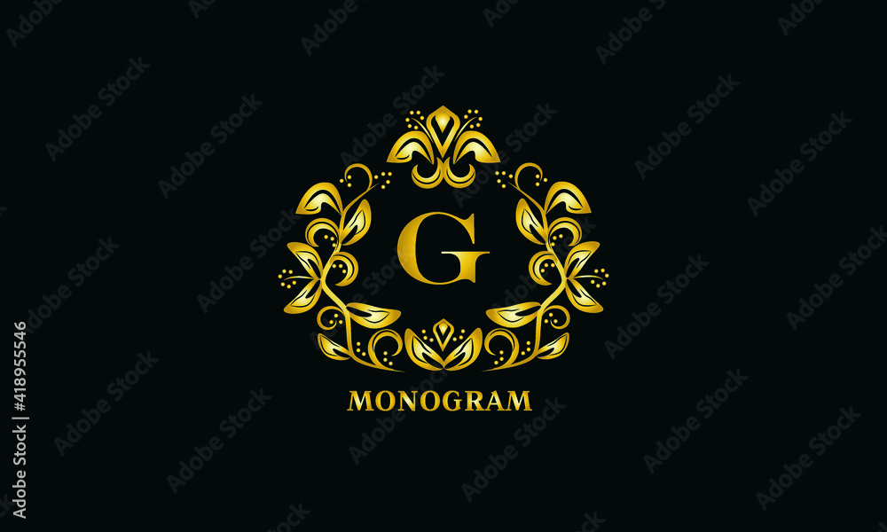 Stylish design for invitations, menus, labels. Elegant gold monogram on a black background with the letter G. The logo is identical for a restaurant, hotel, heraldry, jewelry.