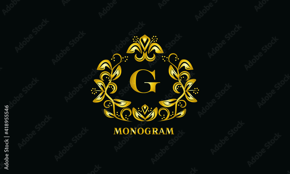 Fototapeta premium Stylish design for invitations, menus, labels. Elegant gold monogram on a black background with the letter G. The logo is identical for a restaurant, hotel, heraldry, jewelry.