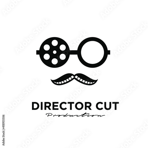 Director cut Studio Movie Video Cinema Cinematography Film Production concept director using eyeglasses from film roll logo design vector icon illustration Isolated White Background