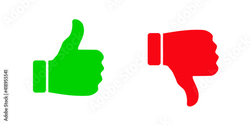  Like and dislike. Vote sign on a white background. Thumb up and down. Red and green colors. Web buttons.