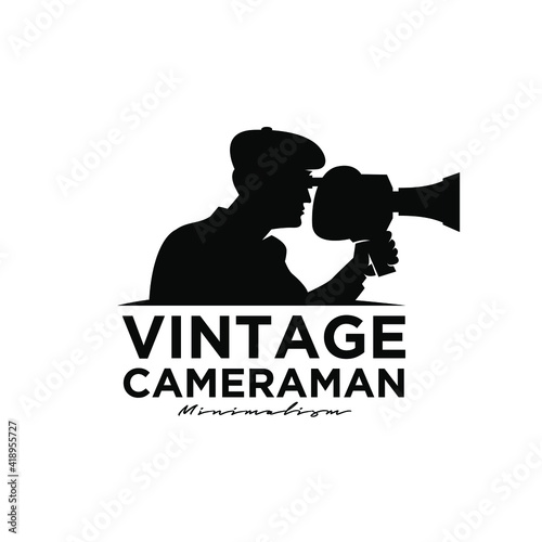 Vintage Cameraman Studio Movie Video Cinema Cinematography Film Production logo design vector icon illustration Isolated White Background