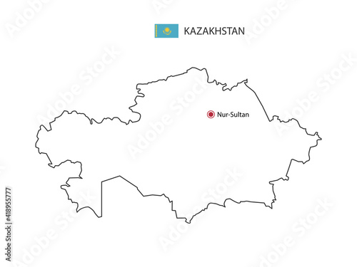 Hand draw thin black line vector of Kazakhstan Map with capital city Nur-Sultan on white background.