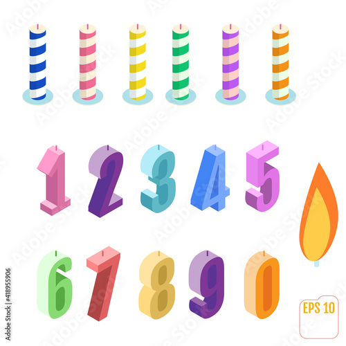 Set of isometric birthday candles. Vector