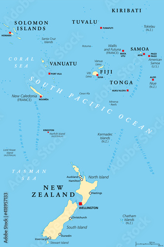 New Zealand and southern Polynesia, political map with capitals. Solomon Islands, Vanuatu, Fiji, Tonga, Samoa and New Caledonia. South Pacific Ocean islands. English labeling. Illustration. Vector.