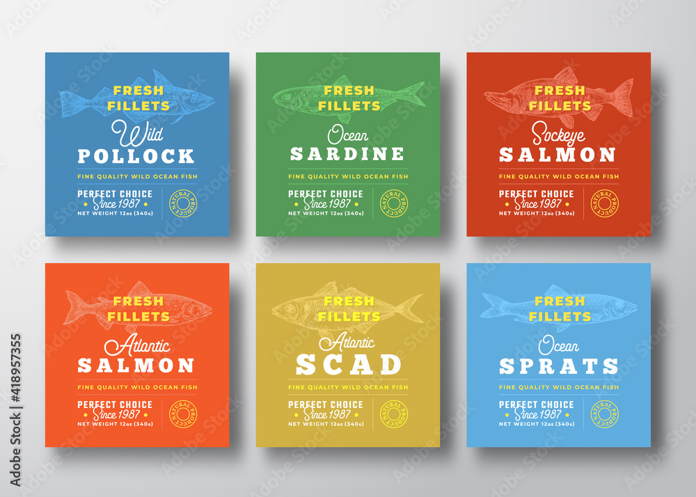 Fresh Fillets Premium Quality Labels Collection. Abstract Vector Seafood Packaging Design Layouts Set. Retro Typography with Borders and Hand Drawn Wild Ocean Fish Silhouettes Backgrounds Bundle Fresh Fillets Premium Quality Labels Collection. Abstract Vector Seafood Packaging Design Layouts Set. Retro Typography with Borders and Hand Drawn Wild Ocean Fish Silhouettes Backgrounds Bundle