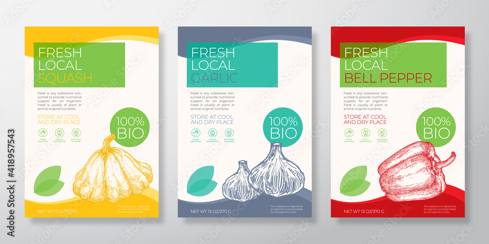 Fresh Local Vegetables Label Templates Set. Vector Packaging Design Layouts Collection. Typography Banner with Hand Drawn Squash, Bell Pepper and Garlic Sketch Silhouette Background Isolated