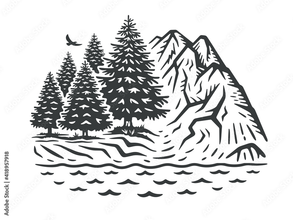 Vector illustration of a landscape. Monochrome version.