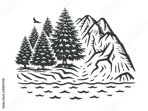 Vector illustration of a landscape. Monochrome version.