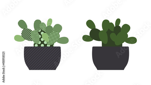 Opuntia cactus in a pot. Abstract illustration of two Prickly Pear plants in dots and stripes patterns and in clear colors