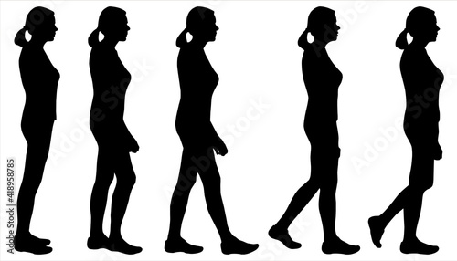 Black female silhouette isolated on white. Woman on the move. Girl with a tail on the head. Person walks leisurely pace. Human body. Side view. Walking. Hiking. Step-by-step silhouettes for animation.