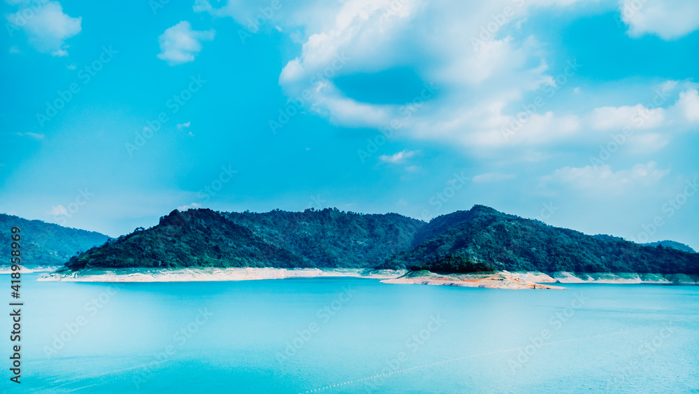 Panorama scenic of Mountain and lake landscape in blue at Pasak Chonlasit Dam in Nakornnayok Thailand