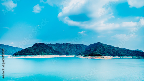 Panorama scenic of Mountain and lake landscape in blue at Pasak Chonlasit Dam in Nakornnayok Thailand