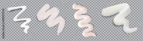 White cream smears swatch set isolated on transparent background.Vector realistic smears set of white froth cosmetics, shaving gel or creme. Smudges of mousse,vector illustration.