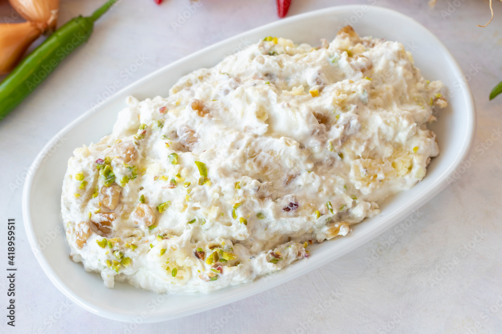 Marko Pasha appetizer prepared with chicken, roasted eggplant, garlic, walnuts and mayonnaise. Traditional Turkish cuisine flavors. Appetizer served with the main course