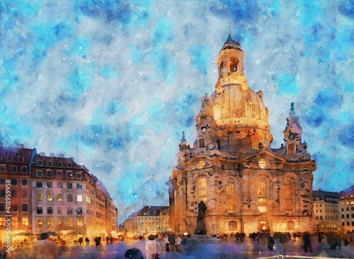Watercolor painting of Dresden Frauenkirche (Germany)