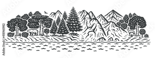 Vector illustration of a landscape. Forest and mountains. Monochrome version.