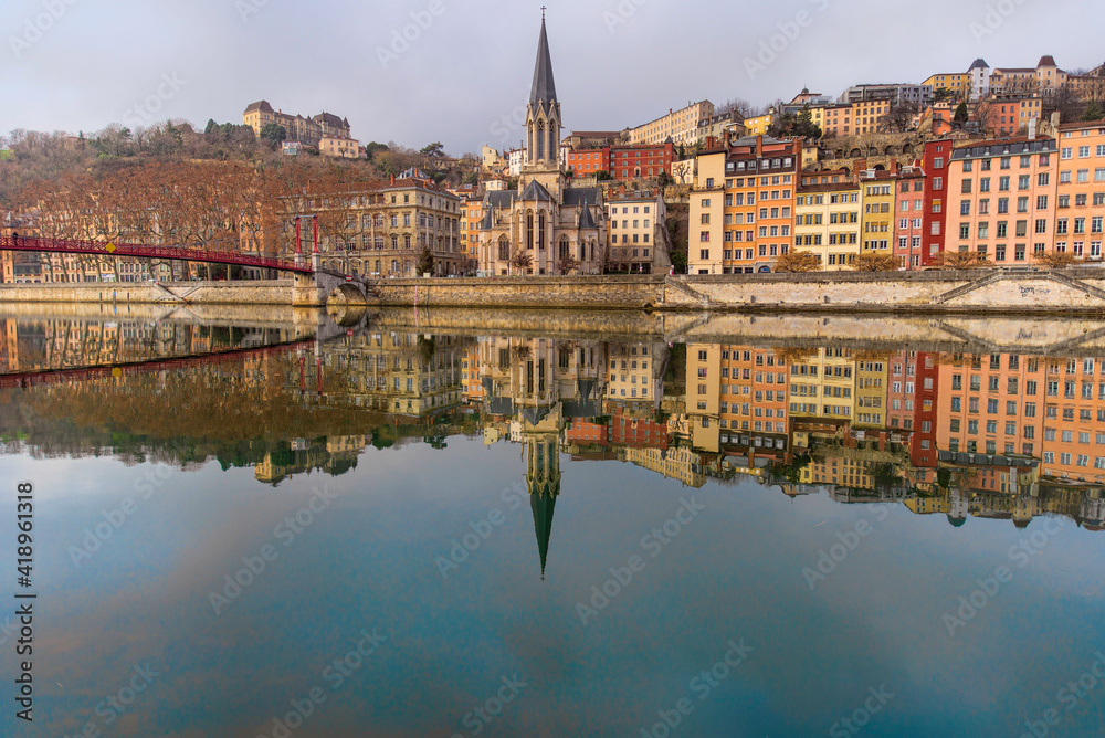 The Saone River, and Saint-Gorges church and bridge, in Old Lyon, France