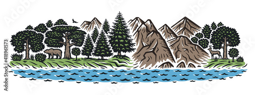 Vector illustration of a landscape. Forest and mountains. Color version.