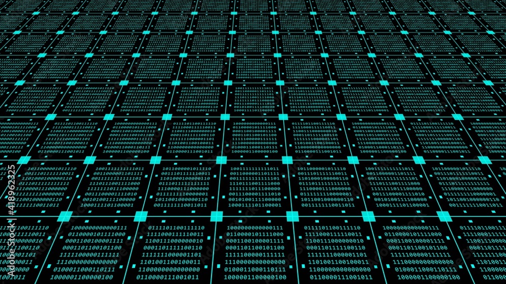 Fototapeta premium Abstract graphics technology background in turquoise - blocks of binary code arranged as a square grid on black background - 3D Illustration