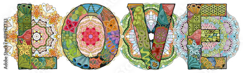 Word LOVE with mandalas. Vector decorative zentangle object for decoration