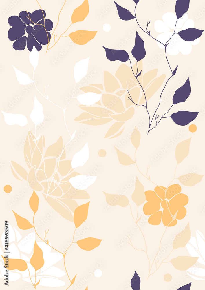 Abstract seamless pattern in A4 size. Aesthetic minimalist background for cover design, interiors, web, social networks. Fashionable bright illustration with shapes, doodles, flowers, plants, leaves.