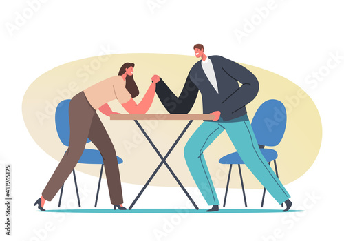 Man and Woman Struggle Concept. Male and Female Characters Arm Wrestling Battle, Fight for Leadership and Equality