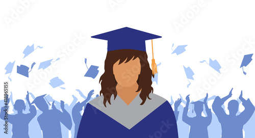 Graduate girl in mantle and academic square cap on background of cheerful crowd of graduates throwing their academic square caps. Graduation ceremony. Vector illustration