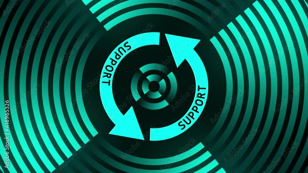 Abstract movement in 4K of SUPPORT lettering on update sign in center of circular lines - graphic elements in turquoise on black background - software update computer program - endless loop