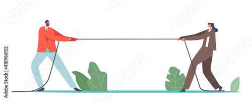 Male and Female Businesspeople Characters Tug of War Competition Concept. Gender Team Rivalry, Office Superheroes Fight