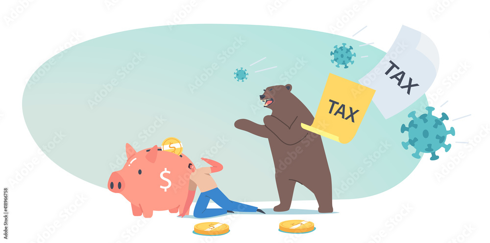 Naklejka premium Business Investor Character Run Away from Pathogen Cells, Tax and Bear Claws. Stock Market at Covid-19 Virus Pandemic