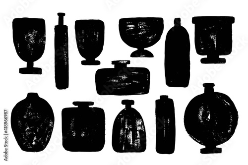 Set of different vases, pots, bowls with grunge texture. Hand drawn trendy modern style. Simple shapes.