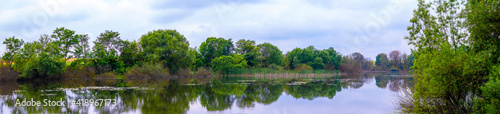 Summer landscape, panorama, with river and trees reflected in the water