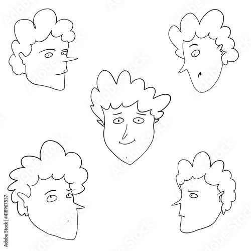 Set of five faces, curly-haired boy's emotions. Sketches and doodles style illustration. Can be used for design, avatars, icons, stickers, blog illustrations, textiles, packaging, wrapping paper.