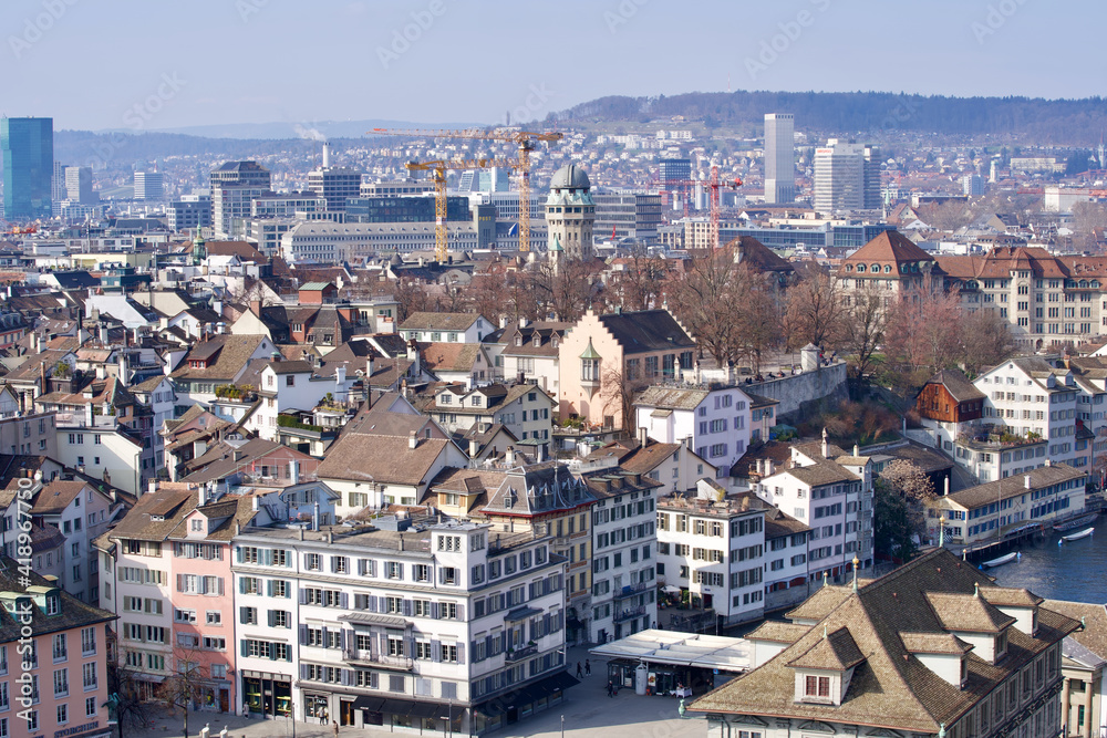 Old town of Zurich with river limmat. Photo taken March 7th, 2021, Zurich, Switzerland.