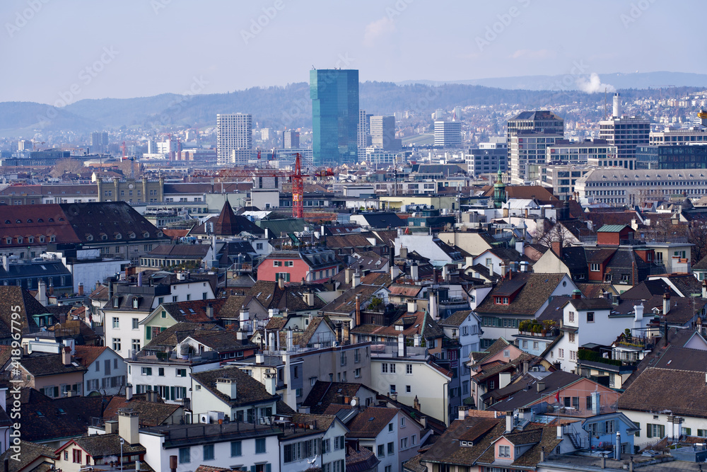 Panoramic view over the old town of Zurich. Photo taken March 7th, 2021, Zurich, Switzerland.