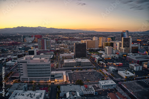 Aerial View of Downtown Vegas at Dusk
